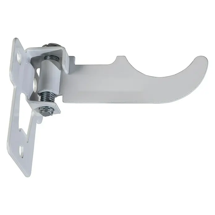 Soporte para radiador regulable - Blanco, 1 ud. - Primer plano de un pestillo de palanca blanco con tornillos y bisagra.