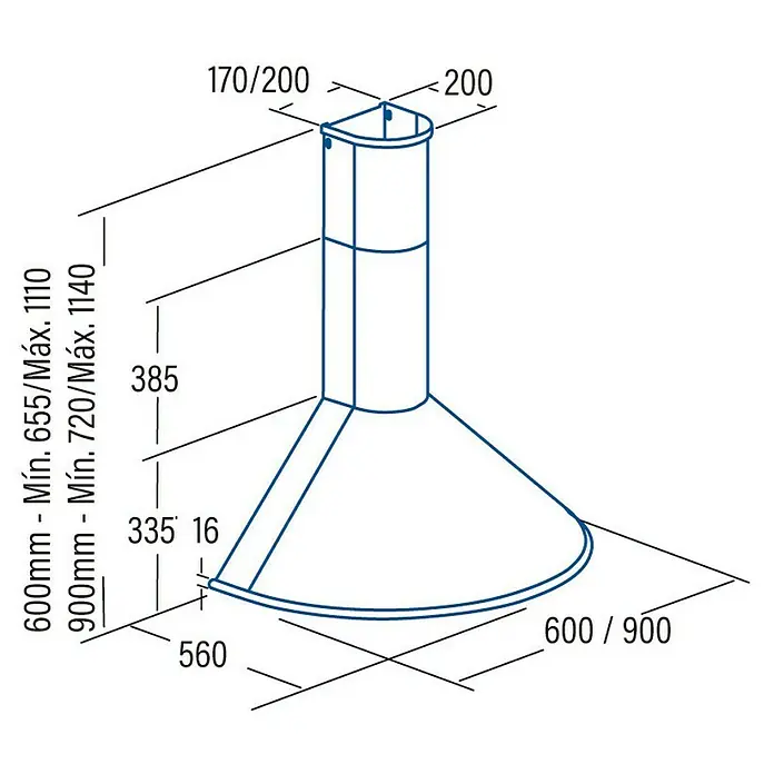 Cata Campana de pared Q 600 BK - Ancho: 60 cm, Máx. Potencia del ventilador en modo extracción: 645 m³/h, Negro - Dibujo técnico de una campana extractora con dimensiones para la instalación y el diseño, proporcionando medidas precisas para la planificación de la cocina.