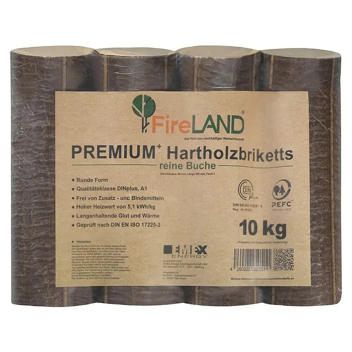 Fireland Holzbriketts Premium - 10 kg, Buche - Produktbild von FireLAND Premium Hartholzbriketts: reine Buche. Runde, hochwertige Holzbriketts mit hohem Heizwert und langer Brenndauer.