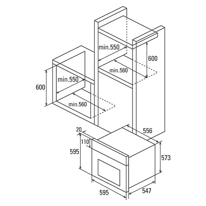 Cata Horno empotrado MDS 7206 X - Número de tipos de calentamiento: 6 ud., Volumen horno: 72 l - Dibujo técnico con dimensiones para cocina empotrada con horno, armarios altos y estanterías, ideal para planificación e instalación.