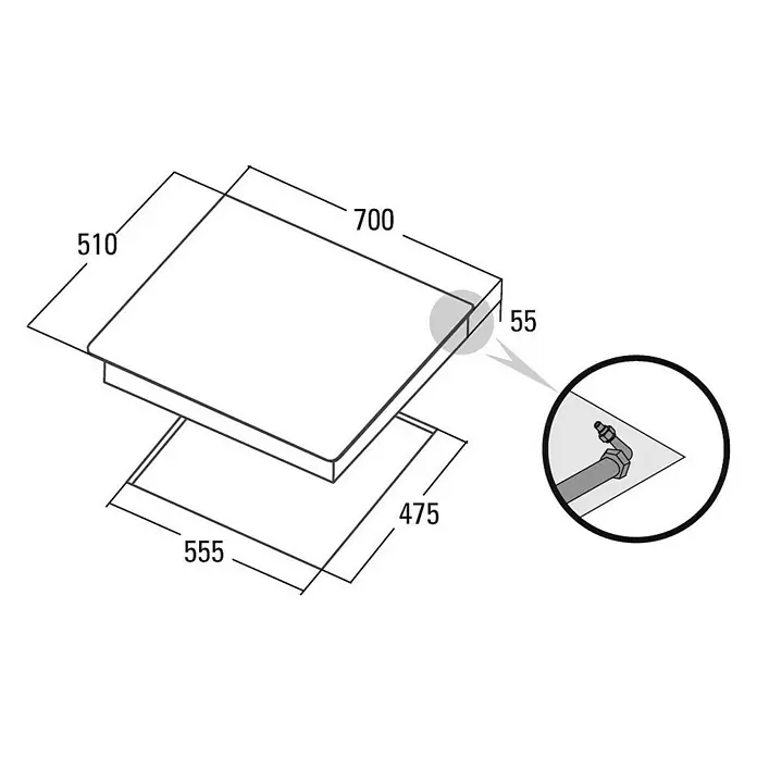 Cata Placa de cocción cristal L-7005 CI - L x An: 51 x 70 cm, Número de quemadores de gas: 5 ud. - Vista de las dimensiones del producto: Dibujo que describe las dimensiones del producto, como 510, 700, 55, 475 y 555.