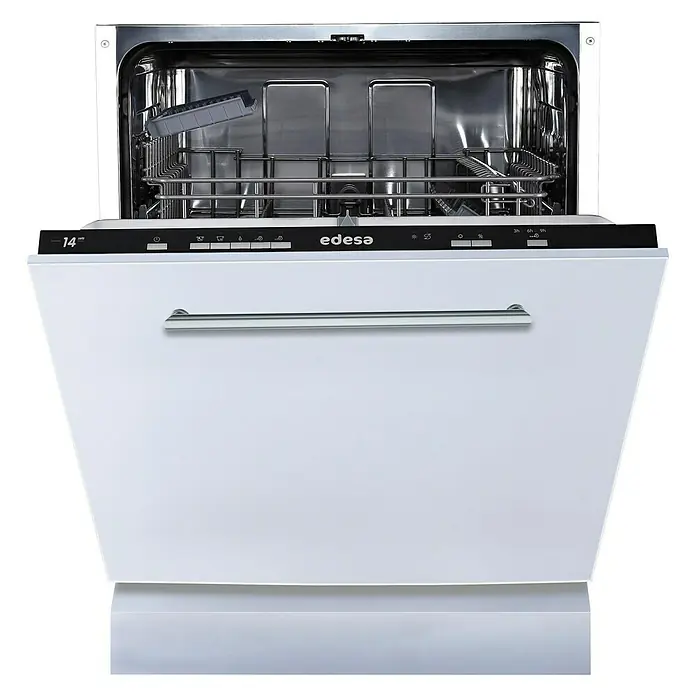 Edesa Lavavajillas integrable EDB-6130-I - Ancho: 59,8 cm, Número de cubiertos: 13 ud., Completamente integrado, Consumo de agua por uso: 11 l - La imagen muestra un lavavajillas blanco de libre instalación Edesa con la puerta abierta, revelando una bandeja de cubiertos y rejillas para platos.