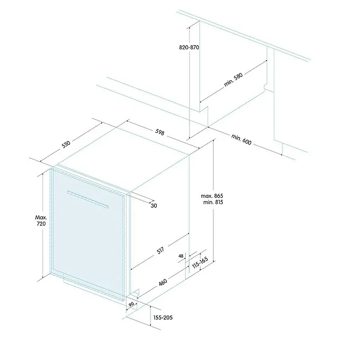 Edesa Lavavajillas integrable EDB-4610-I - Ancho: 44,8 cm, Número de cubiertos: 10 ud., Completamente integrado, Consumo de agua por uso: 9 l - Imagen del producto que muestra las dimensiones de un lavavajillas, incluyendo altura, anchura y profundidad, para información de tamaño del producto.