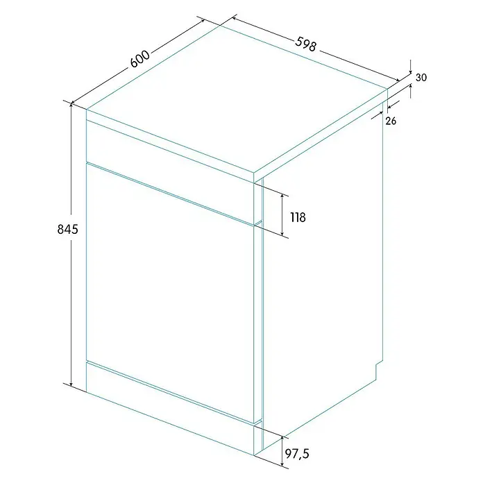Edesa Lavavajillas libre instalación EDW-6130 X - Ancho: 60 cm, Número de cubiertos: 13 ud., Consumo de agua por uso: 11 l - Diagrama esquemático detallado de un lavavajillas con dimensiones precisas para la instalación y la planificación de la cocina.