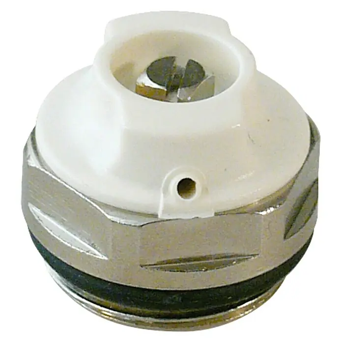 Purgador para radiador - ⅜″ - Primer plano de una válvula termostática de radiador, mostrando detalles como la perilla de ajuste y el conector.
