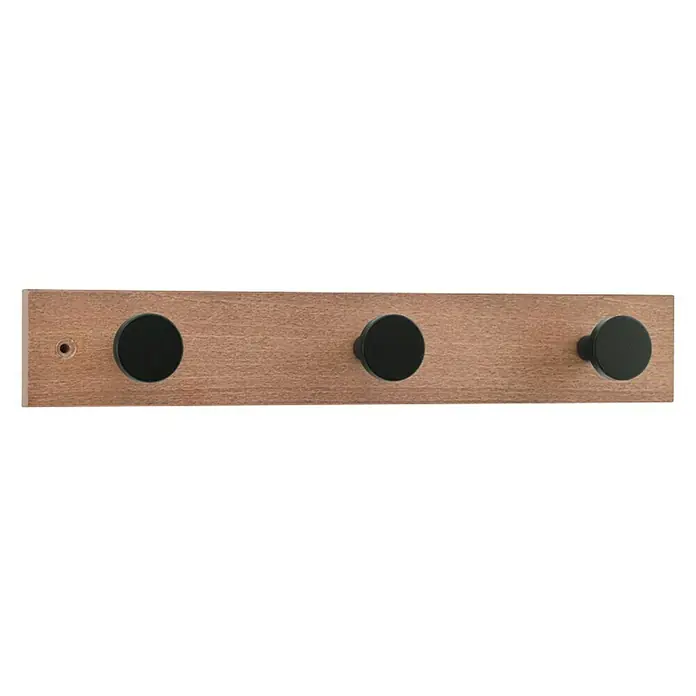 Inofix Perchero 3713 - L x An x Al: 36 x 6 x 6 cm, Madera, Roble/Negro - Un perchero de pared de madera con tres ganchos redondos negros. Ideal para chaquetas y sombreros en la entrada.