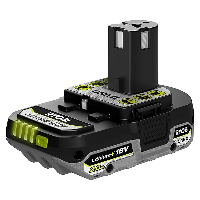 Ryobi ONE+ Batería RB1820C - 18 V, 2 Ah - Imagen de una batería RYOBI ONE+ Lithium+ 18V 2.0Ah, con detalles amarillos, que ofrece potencia y compatibilidad para herramientas eléctricas.