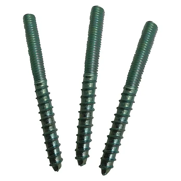 Micel Brimic Perno de doble rosca TRN9 - Largo: 80 mm, 2 ud. - Primer plano de tres tornillos largos y verdes con rosca evidente sobre un fondo negro.