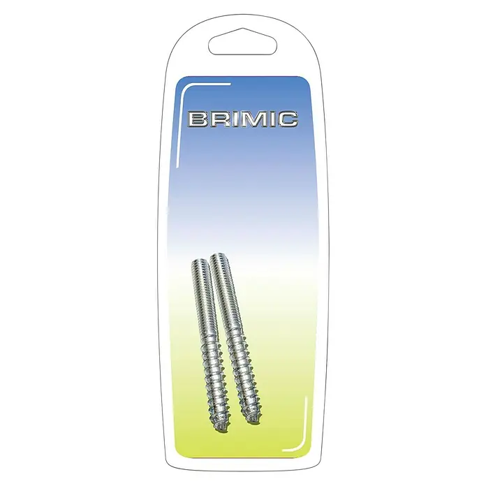 Micel Brimic Perno de doble rosca TRN9 - Largo: 80 mm, 2 ud. - Embalaje del producto con dos tornillos de madera brillantes de color plateado de la marca Brimic sobre un fondo claro.
