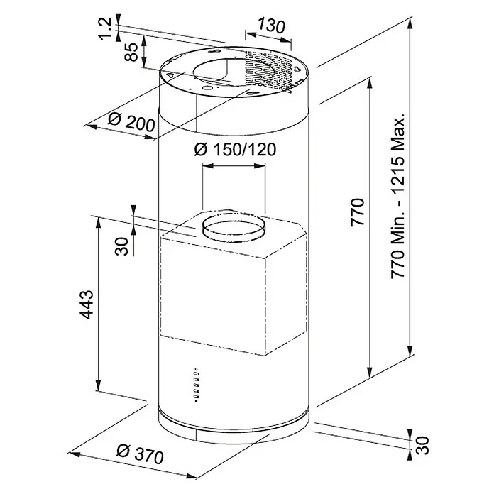 Mepamsa Campana para isla Cylindra Isla Pro - Ancho: 37 cm, Máx. Potencia del ventilador en modo extracción: 575 m³/h, Acero inoxidable - Ilustración de una campana extractora con dimensiones detalladas de diámetro, altura y anchura.