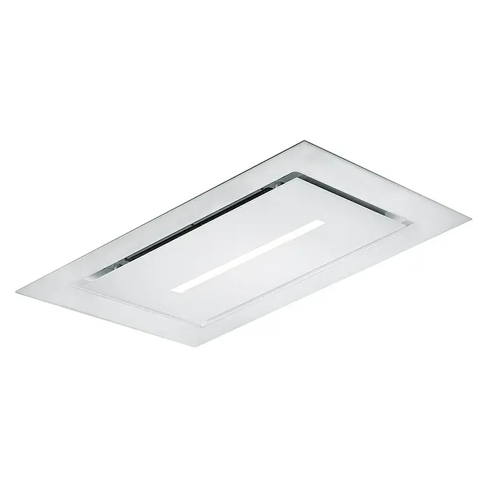 Mepamsa Campana para isla Cielo Cristal Slim - Ancho: 90 cm, Máx. Potencia del ventilador en modo extracción: 700 m³/h, Blanco - Este primer plano muestra una campana extractora rectangular y elegante con iluminación integrada y un diseño moderno sobre un fondo oscuro.