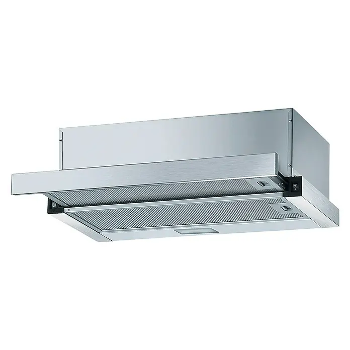 Mepamsa Campana extensible Slimline - Ancho: 60 cm, 310 m³/h, Acero inoxidable - Primer plano de una campana extractora moderna de acero inoxidable con filtros metálicos y diseño minimalista sobre fondo negro.