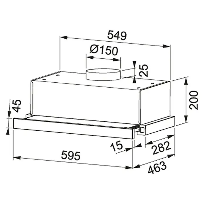 Mepamsa Campana extensible Slimline - Ancho: 60 cm, 310 m³/h, Blanco - Dibujo técnico de una campana extractora con dimensiones, detallando las medidas del producto para la instalación.