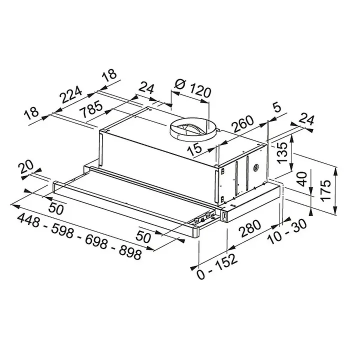 Mepamsa Campana extensible Superline - Ancho: 45 cm, 400 m³/h, Acero inoxidable - Un diagrama esquemático de una campana extractora con dimensiones, que muestra las medidas precisas y las características.