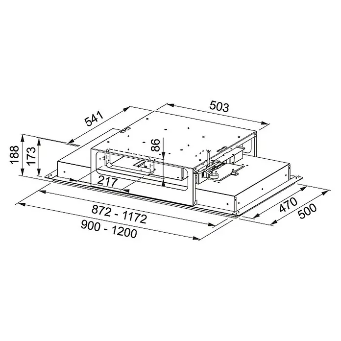 Mepamsa Campana para isla Cielo Slim - Ancho: 120 cm, Máx. Potencia del ventilador en modo extracción: 700 m³/h, Acero inoxidable - Representación esquemática de las dimensiones de una campana extractora, con medidas de 541 x 503 x 86 mm y un ancho de 900-1200 mm.