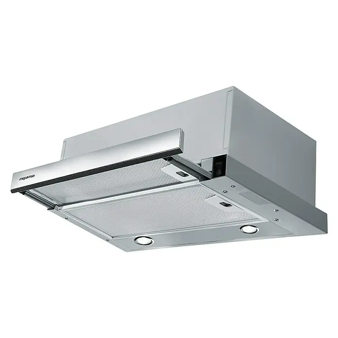 Mepamsa Campana extensible Superline - Ancho: 45 cm, 400 m³/h, Acero inoxidable - Primer plano de una campana extractora Mepamsa plateada y moderna, con dos luces y un filtro metálico. Ideal para cocinas contemporáneas.
