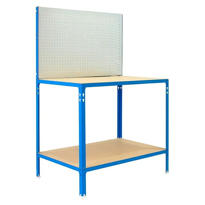 Simonrack Simonwork Banco de trabajo BT2 Ecowork - L x An: 61 x 91 cm, Altura de trabajo: 143 cm, Carga soportada: 340 kg, Azul - Banco de trabajo con estructura azul, dos estantes y panel perforado. La superficie y el estante son marrón claro.