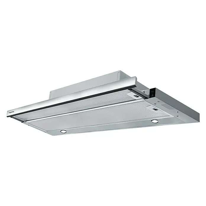 Mepamsa Campana extensible Superline - Ancho: 90 cm, 400 m³/h, Acero inoxidable - Primer plano de una campana extractora plateada con luces incorporadas.