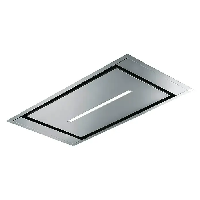 Mepamsa Campana para isla Cielo Slim - Ancho: 90 cm, Máx. Potencia del ventilador en modo extracción: 700 m³/h, Acero inoxidable - Primer plano de una elegante campana de techo moderna con iluminación integrada.