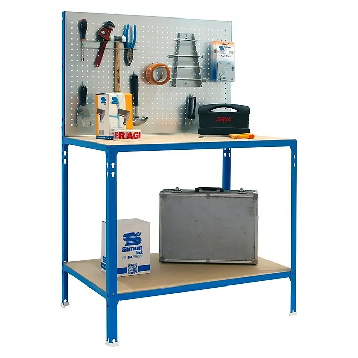 Simonrack Simonwork Banco de trabajo BT2 Ecowork - L x An: 61 x 91 cm, Altura de trabajo: 143 cm, Carga soportada: 340 kg, Azul - Banco de trabajo con herramientas y soluciones de almacenamiento.