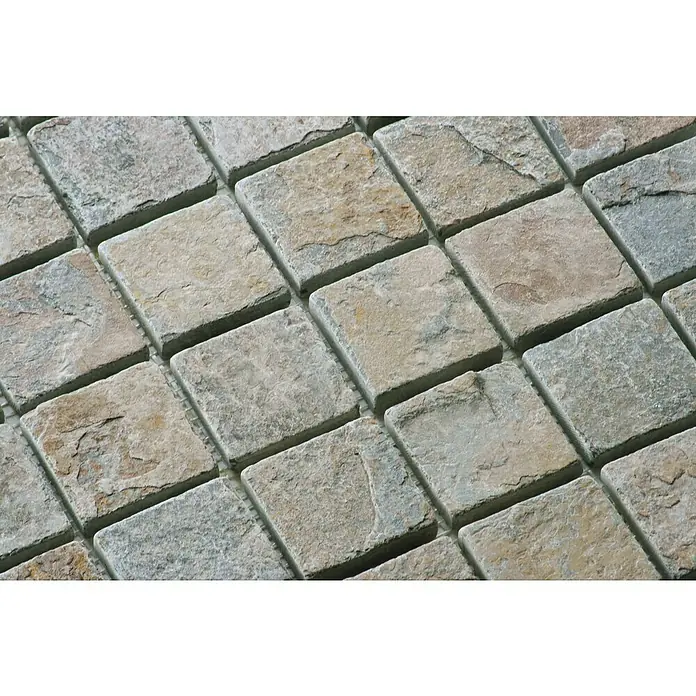Malla mosaico Calcuta - 30 x 30 cm, Crema - Primer plano de un patrón de baldosas cuadradas de piedra natural en varios tonos de gris y beige, ideal para diseños elegantes de paredes y pisos.