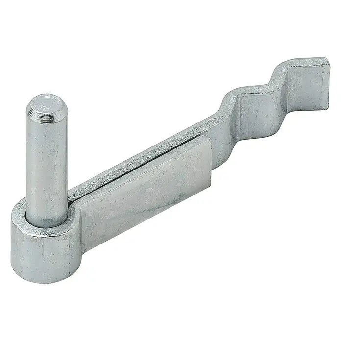 Stabilit Gozne para empotrar - Diámetro mandril: 13 mm, Zincado - La imagen muestra un galce de ventana cincado con un perno y un brazo de palanca ondulado, sobre un fondo negro.