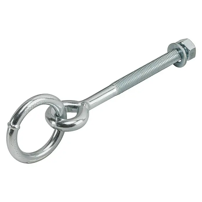 Stabilit Barrenring - L x B: 128 x 40 mm, Stahl - Nahaufnahme eines verzinkten Ringschraube mit Gewinde und Mutter auf schwarzem Hintergrund.