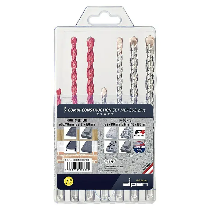 Alpen Bohrer-Set Combi Construction Set MB7 - 7 -tlg., Durchmesser Bohrer: 10 mm - Ein 7-teiliges Alpen Combi-Construction Set MB7 SDS-plus, bestehend aus verschiedenen Bohrern für den professionellen Einsatz.