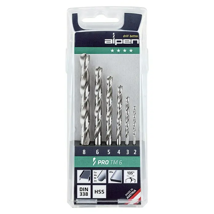Alpen Metallbohrer Pro TM 6 - Durchmesser Bohrer: 8 mm - Ein Set Alpen Pro TM 6 Bohrer in verschiedenen Größen, verpackt in einer transparenten Kunststoffhülle. Ideal zum Bohren in Metall, Holz oder Kunststoff.