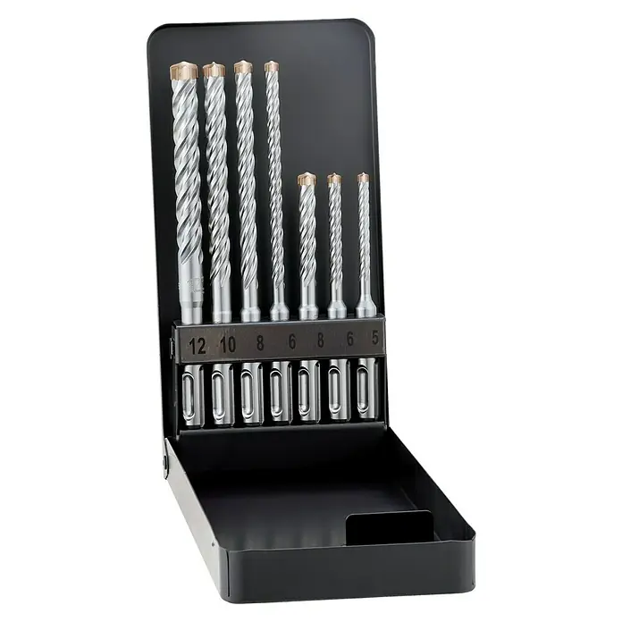 Alpen Beton- & Steinbohrer Force X KM7 - 7 -tlg., Durchmesser Bohrer: 12 mm - Ein Set mit SDS-Plus-Bohrern in verschiedenen Größen in einem schwarzen Metallkoffer, ideal für Bohrarbeiten in Mauerwerk und Beton.