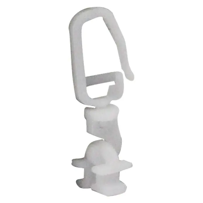 Klickgleiter Dreh Verdunkelungssystem - 20 Stk., Weiß, Passend für: Aluschiene 25 x 7 mm, Aluschiene 55 x 7 mm - Ein einzelner, weißer Gardinenhaken aus Kunststoff mit Drehgelenk und Clip zur einfachen Befestigung von Vorhängen an Gardinenstangen.