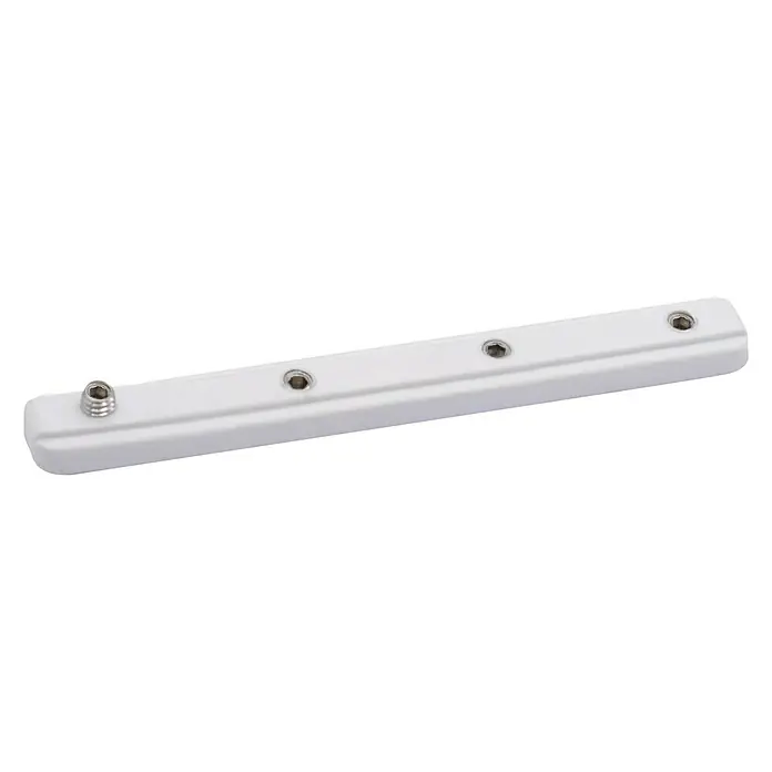 Verbinder Vorhangschiene Verdunkelungssystem - 1 Stk., Weiß, Metall - Weiße Befestigungsschiene mit mehreren Befestigungspunkten und Gewinde für eine sichere und stabile Montage verschiedener Bauteile.