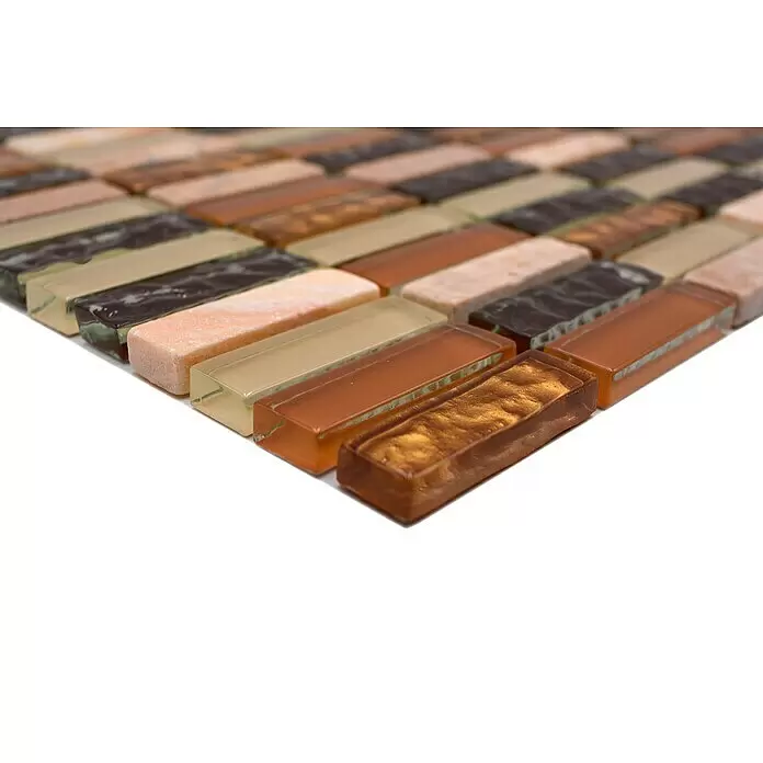 Mosaikfliese Stäbchen Crystal Mix XCM SM83 - 32,2 x 31 cm, Beige/Braun, Glänzend - Rechteckige Mosaikfliesen in gemischten Braun-, Beige- und Orangetönen mit unterschiedlichen Glas- und Matt-Oberflächen.