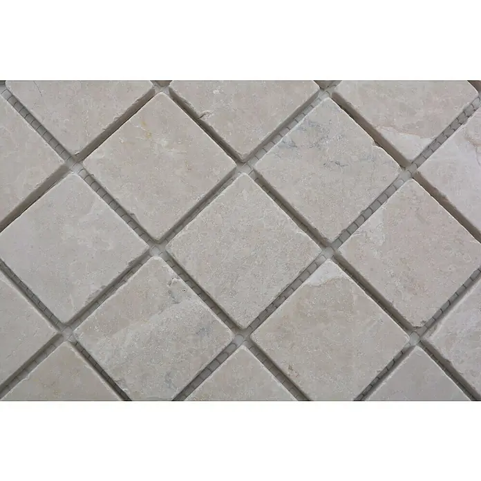 Mosaikfliese Quadrat XNT 46604 - 30,5 x 30,5 cm, Beige, Matt - Nahaufnahme von beigen quadratischen Mosaikfliesen auf einem Netzträger, ideal für Küchenrückwände oder Badezimmerböden.