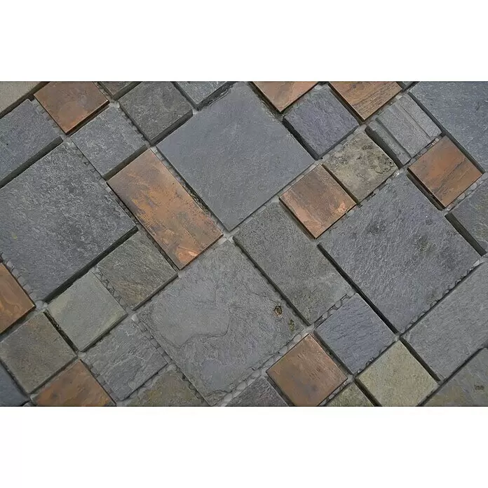 Mosaikfliese Mix XSK 595 - 30 x 30 cm, Stein/Kupfer, Matt - Mosaikfliesen in diagonalem Muster, mit grauen Schiefer- und rustikalen Kupferfarben.