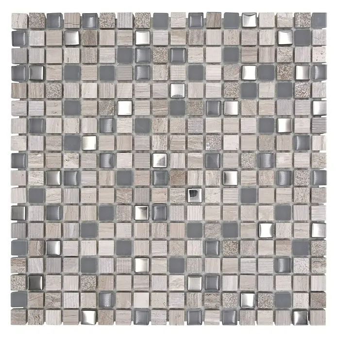 Mosaikfliese Quadrat Crystal Mix XCM HQ10 - 30,5 x 30,5 cm, Grau/Silber, Matt - Nahaufnahme eines quadratischen Mosaiks mit Beige-, Grau- und Silbertönen, das eine elegante Textur für Innenräume bietet.