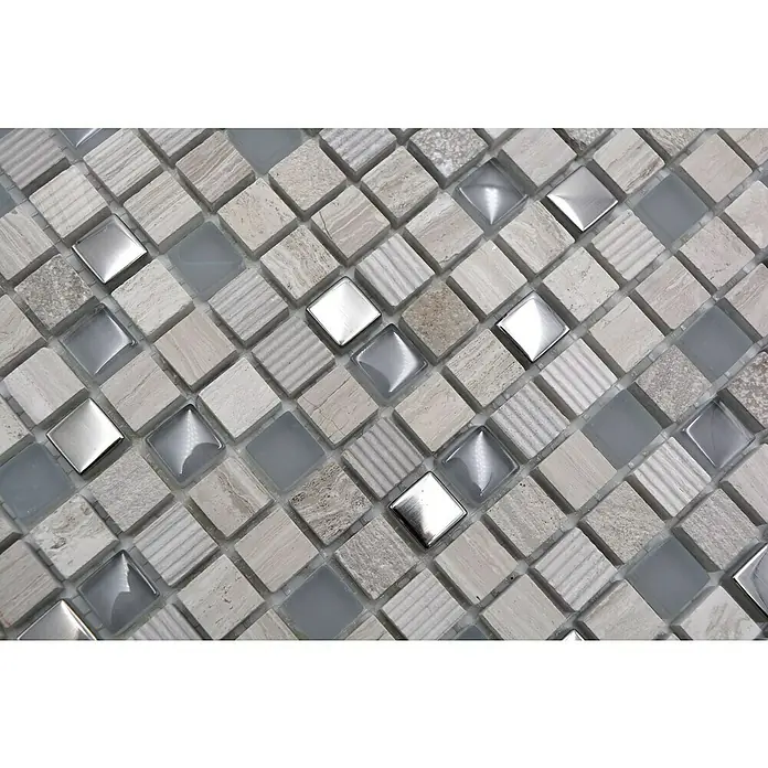 Mosaikfliese Quadrat Crystal Mix XCM HQ10 - 30,5 x 30,5 cm, Grau/Silber, Matt - Nahaufnahme eines Mosaiks aus quadratischen Fliesen in Grau-, Beige- und Silbertönen, ideal für eine moderne Wand- oder Bodengestaltung.
