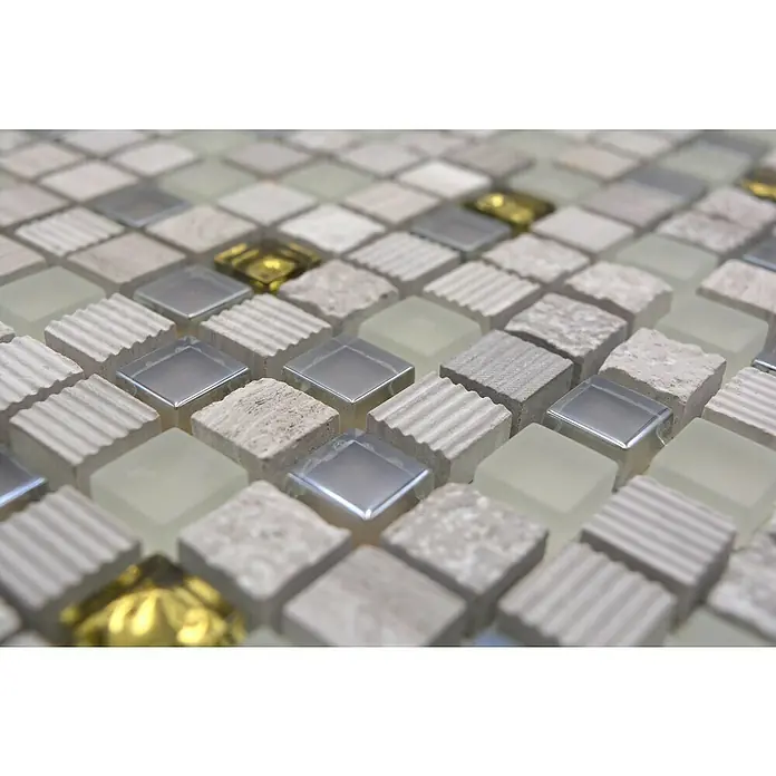 Mosaikfliese Quadrat Crystal Mix XCM HQ12 - 30,5 x 30,5 cm, Beige/Grau, Matt - Mosaikfliesen mit verschiedenen Texturen und Farben, die ein interessantes Muster bilden. Ideal für Badezimmer und Küchen.