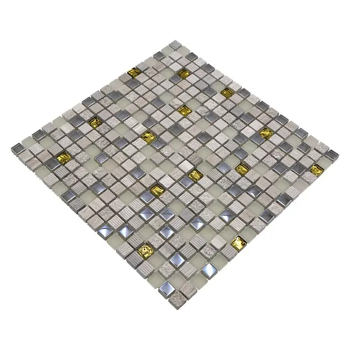Mosaikfliese Quadrat Crystal Mix XCM HQ12 - 30,5 x 30,5 cm, Beige/Grau, Matt - Nahaufnahme eines quadratischen Mosaiks mit verschiedenen Grau-, Silber- und Goldtönen, ideal für stilvolle Akzente.