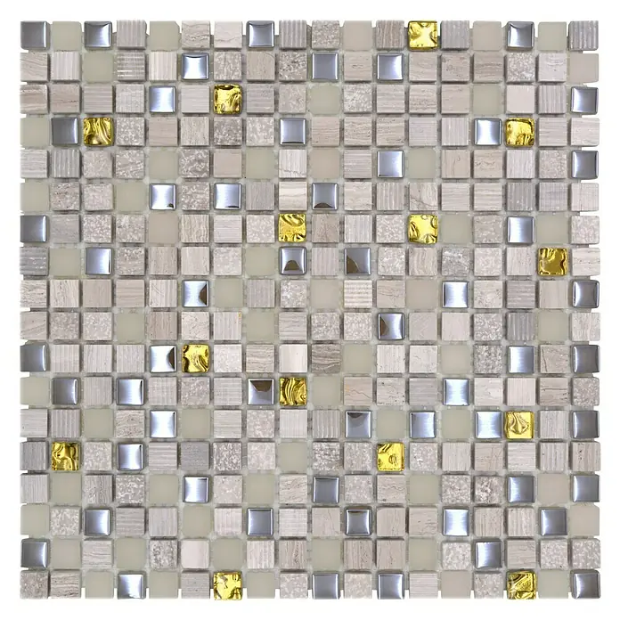 Mosaikfliese Quadrat Crystal Mix XCM HQ12 - 30,5 x 30,5 cm, Beige/Grau, Matt - Nahaufnahme eines Mosaiks mit quadratischen Fliesen in Gold, Silber und verschiedenen Grautönen, die ein ansprechendes Muster bilden.