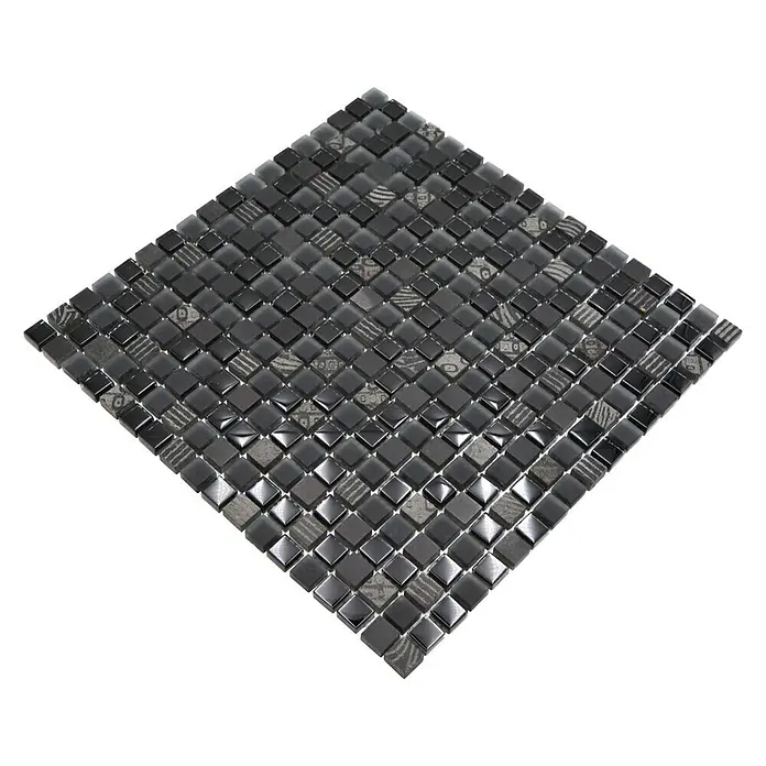 Mosaikfliese Quadrat Crystal Mix XCM HQ19 - 30,5 x 30,5 cm, Schwarz, Matt - Nahaufnahme eines quadratischen Mosaiks mit glänzenden, dunklen Farbtönen und dezenten Mustern, ideal für stilvolle Wand- oder Bodengestaltungen.
