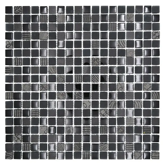 Mosaikfliese Quadrat Crystal Mix XCM HQ19 - 30,5 x 30,5 cm, Schwarz, Matt - Nahaufnahme einer quadratischen, schwarzen Mosaikfliese mit verschiedenen Texturen, ideal für stilvolle Wand- und Bodendesigns.