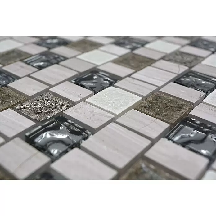 Mosaikfliese Multiformat Crystal Mix XNM DF1 - 29,8 x 30,4 cm, Grau/Weiß, Glänzend - Detailaufnahme