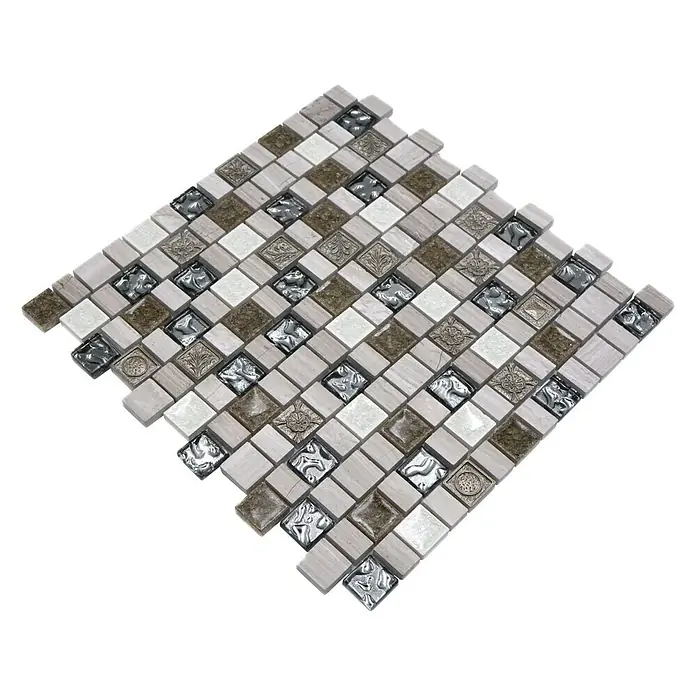 Mosaikfliese Multiformat Crystal Mix XNM DF1 - 29,8 x 30,4 cm, Grau/Weiß, Glänzend - Quadratisches Mosaikfliesenmuster mit verschiedenen Texturen und Farben für elegante Innenräume.