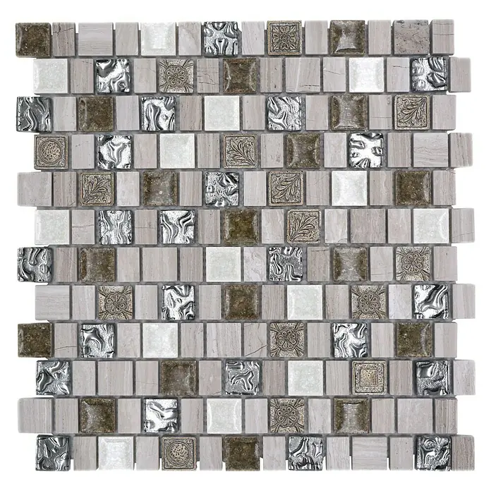 Mosaikfliese Multiformat Crystal Mix XNM DF1 - 29,8 x 30,4 cm, Grau/Weiß, Glänzend - Nahaufnahme von verzierter, quadratischer Mosaikfliese mit verschiedenen Farben und Texturen für ein elegantes und kunstvolles Design.