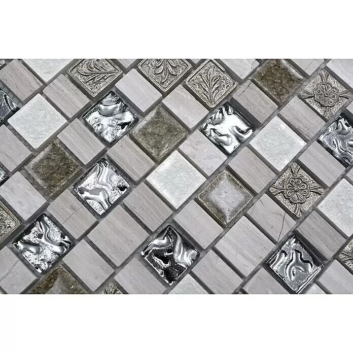 Mosaikfliese Multiformat Crystal Mix XNM DF1 - 29,8 x 30,4 cm, Grau/Weiß, Glänzend - Detailaufnahme