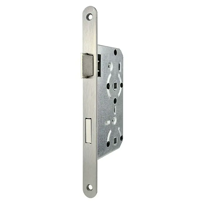 WC-Einsteckschloss - Links, Silber - Ein detailliertes Bild eines Einsteckschlosses aus Metall, das seine Konstruktion und Mechanismen hervorhebt.