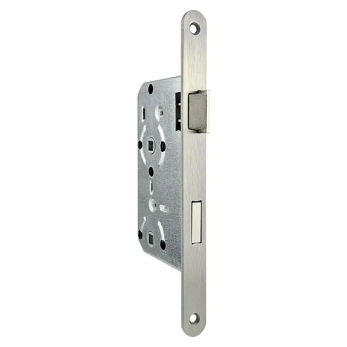 WC-Einsteckschloss - Rechts, Silber - Ein genauer Blick auf ein Schlossgehäuse aus Metall, das robuste Sicherheit und Funktionalität für Türen bietet.