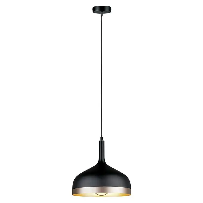 Paulmann Neordic Lámpara colgante Embla - Altura: 110 cm, Negro/Cobre - Lámpara colgante negra moderna con interior dorado, suspendida por una varilla elegante y recta desde un soporte de techo redondo sobre un fondo negro.