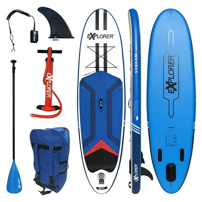 Explorer SUP-Board-Set Stream 10.2L x B x H: 310 x 85 x 15 cm, Nutzlast: 160 kg, Aufblasbar, Blau/Weiß Front View